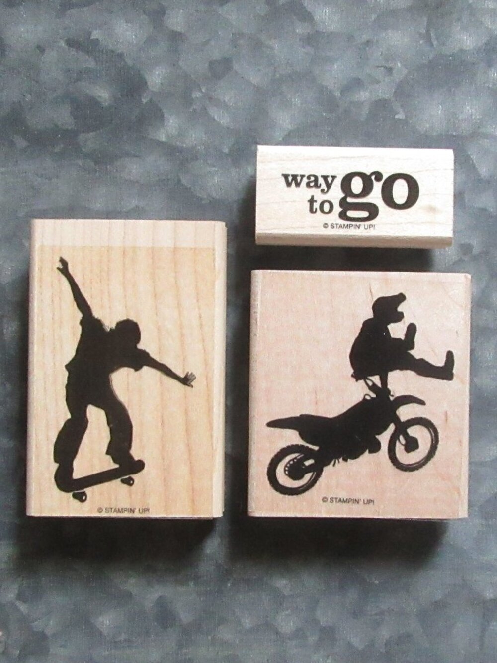 Lot of 3 Stampin Up wood mounted stamps; skateboarder, motocross; Way to go